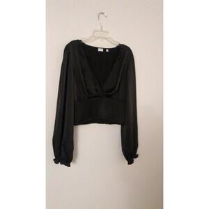 Wilfred Womens Large Black Top w/ Balloon Sleeves V Neck Smocked Cropped Blouse